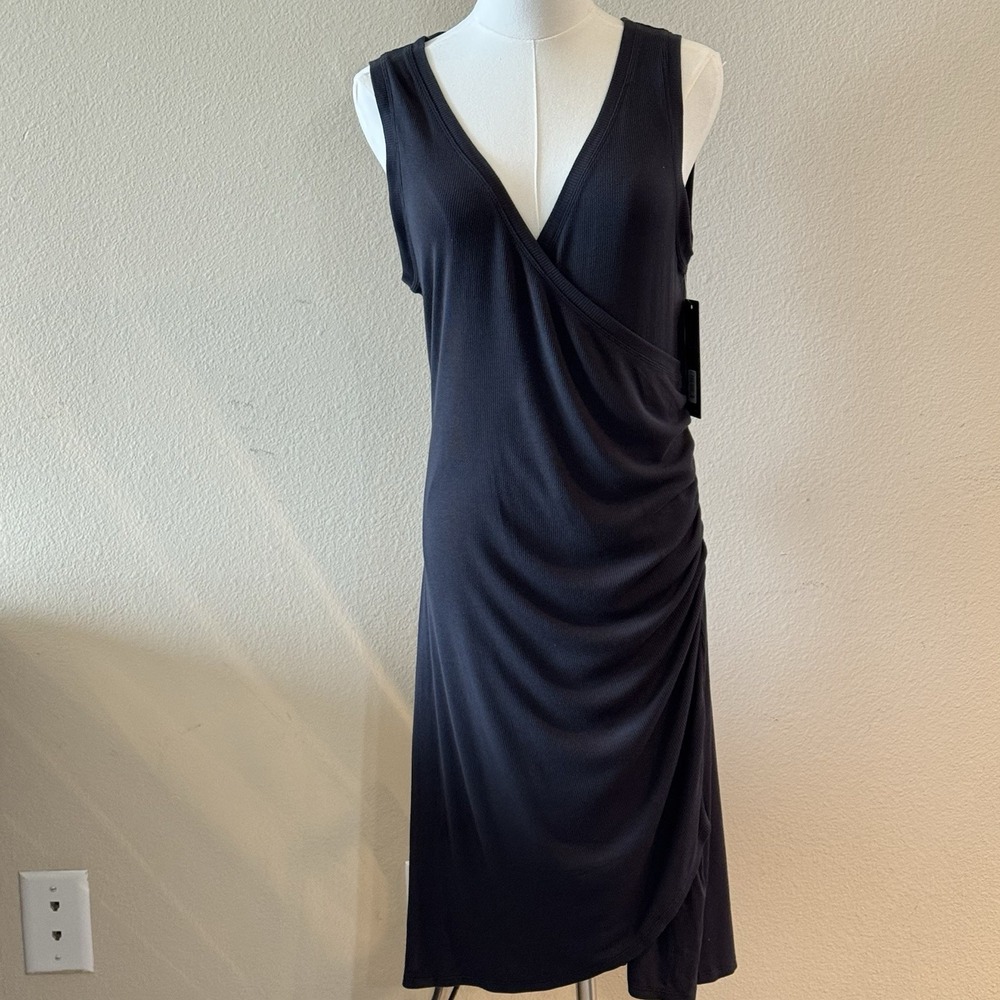 Olivia Grey Black Ribbed Faux Wrap Midi‎ Dress XL Sleeveless Ruched Stretch